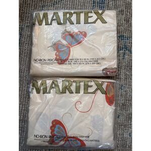 Vintage Martex Volante Butterfly King Flat & Cal King Fitted Sheet Set NOS 70s